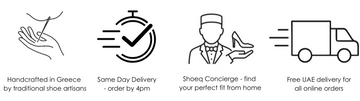 Shoeq service icons – handcrafted in Greece, free UAE delivery, Shoeq Concierge, and same-day delivery by 4pm