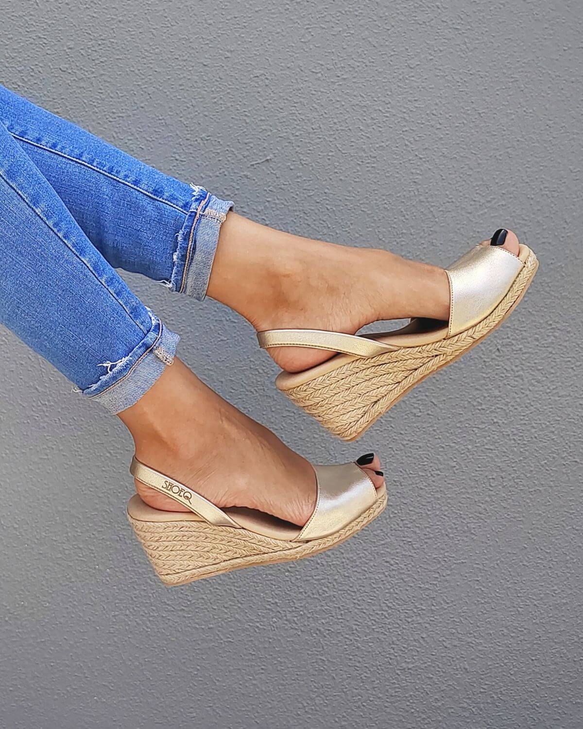 Classic Espadrille Wedge in Champagne Metallic | Shoeq | Sandals for women