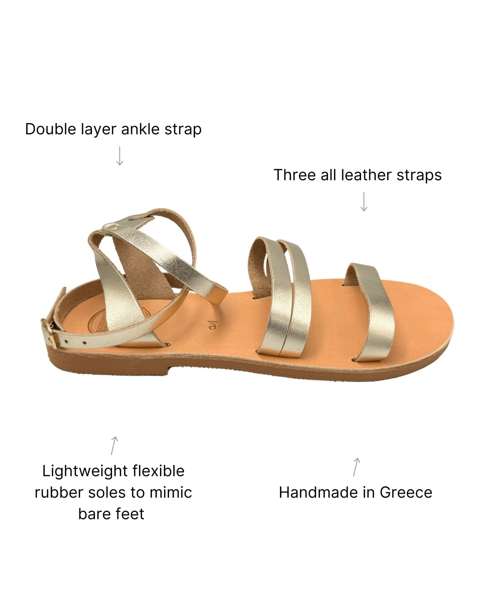 Greek flat sandals champagne metallic side view leather straps
