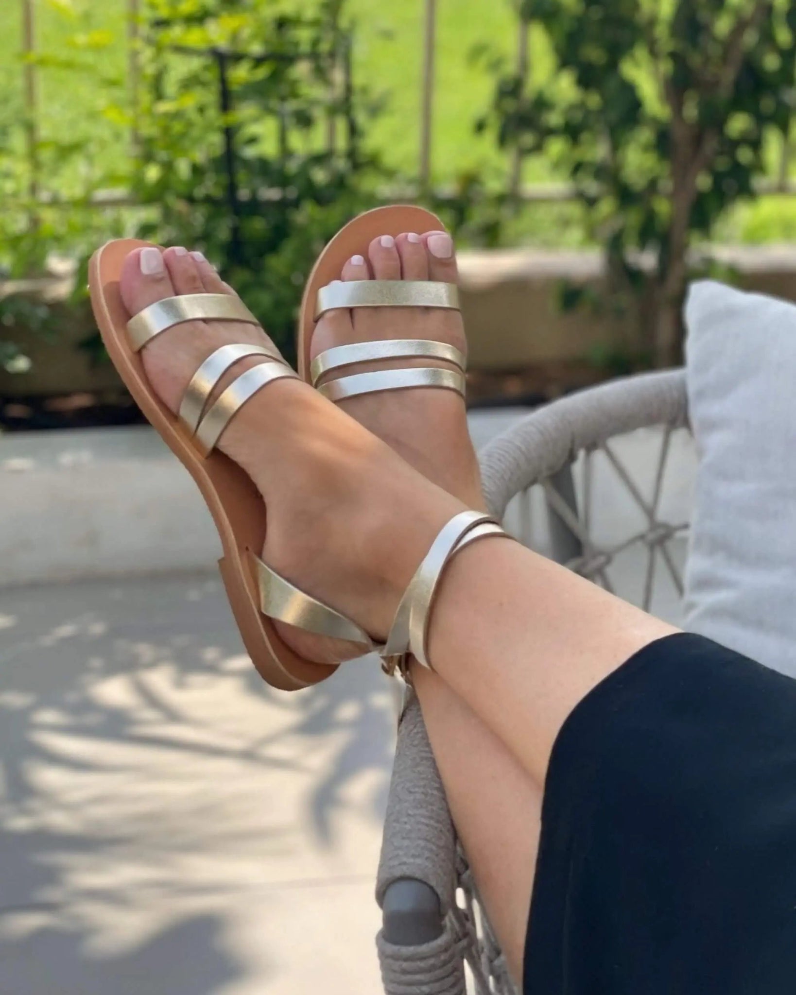 Champagne gold flat sandals three leather straps Greece handmade