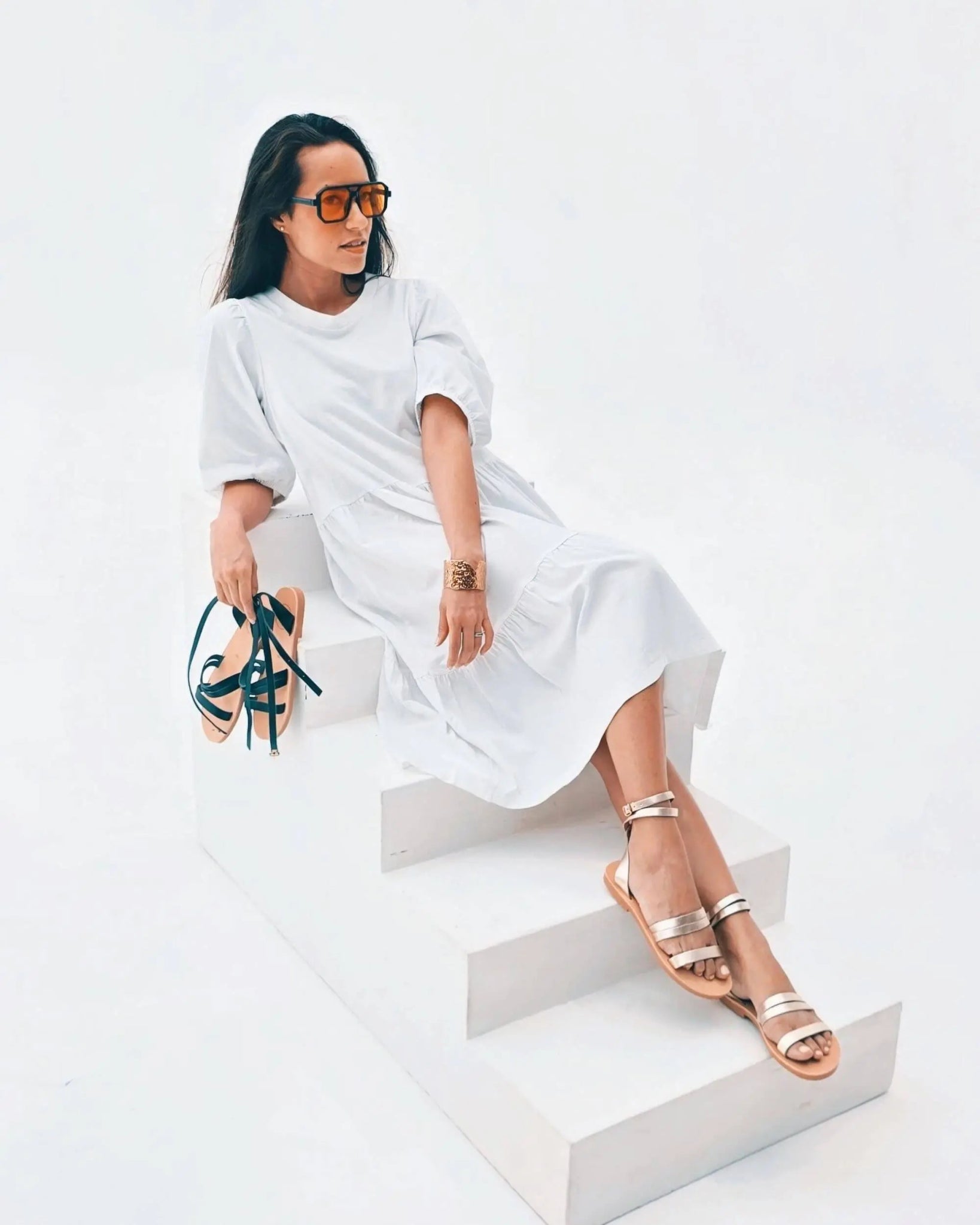 Flat sandals champagne gold three straps ankle wrap Greece