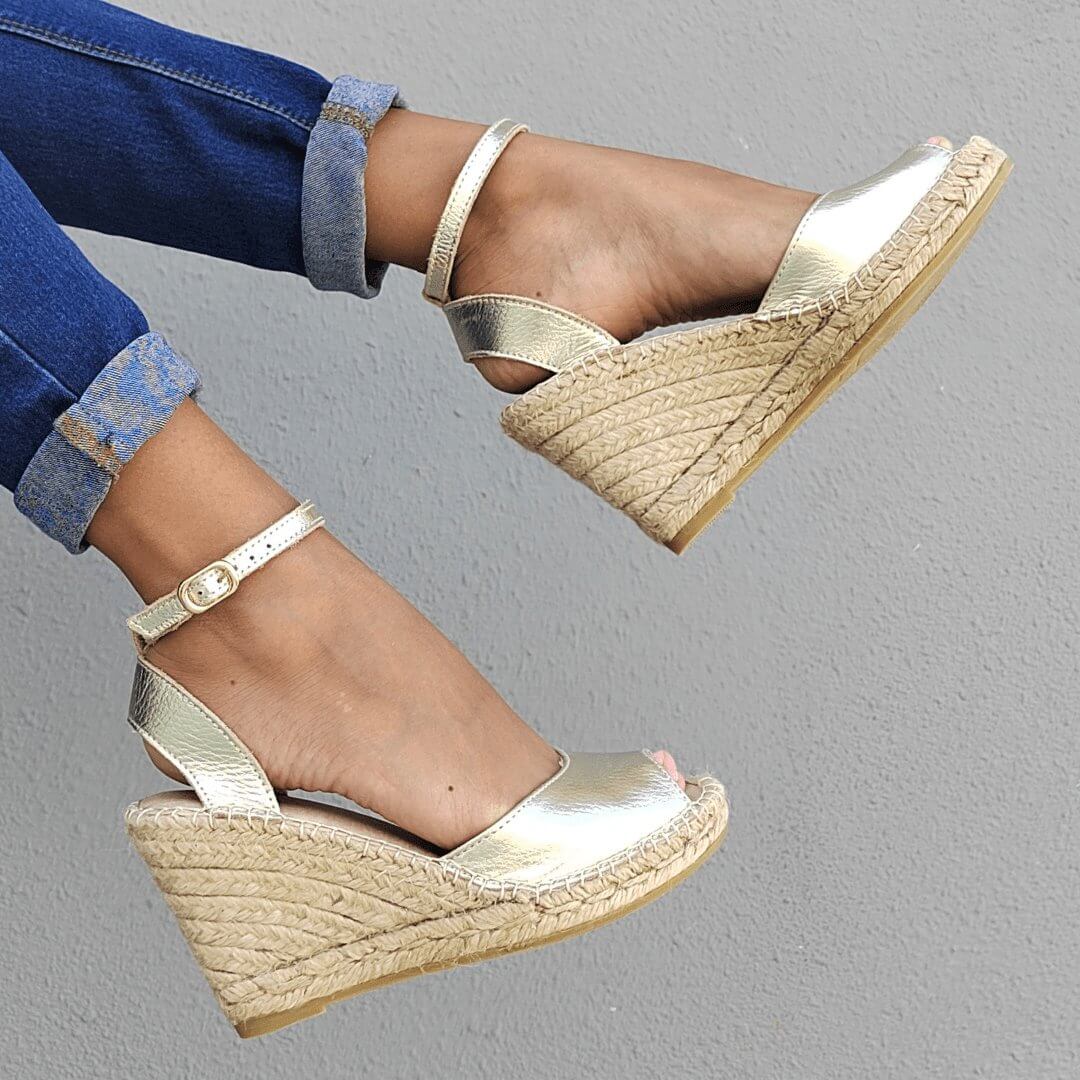 Peep Toe Wedge in Champagne Comfortable Heels – Shoeq - Main Image