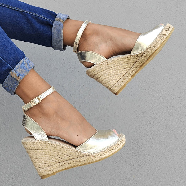 Peep Toe Espadrille Wedge in Champagne Shoeq