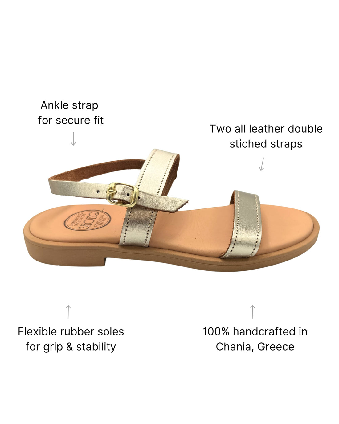 Gold Aria LUXE leather sandals champagne metallic ankle strap cushioned innersole Greece - Shoeq