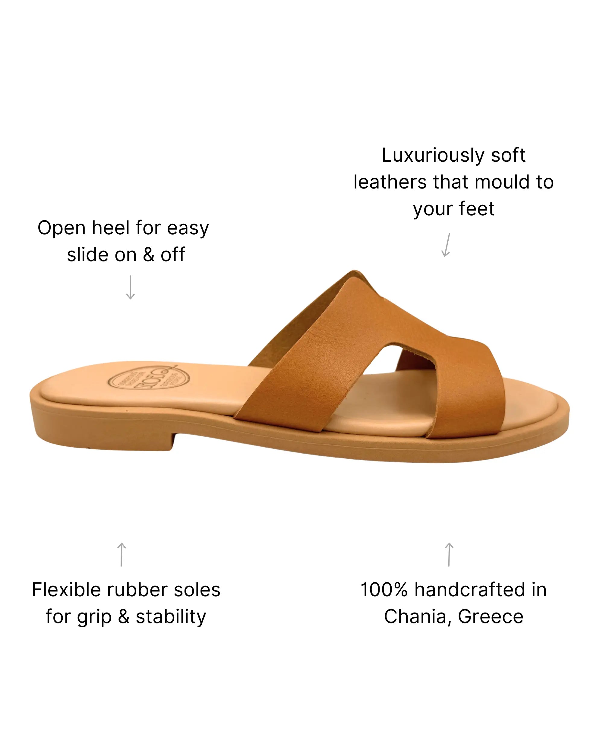 Tan leather slides side view Greece handmade cushioned comfort