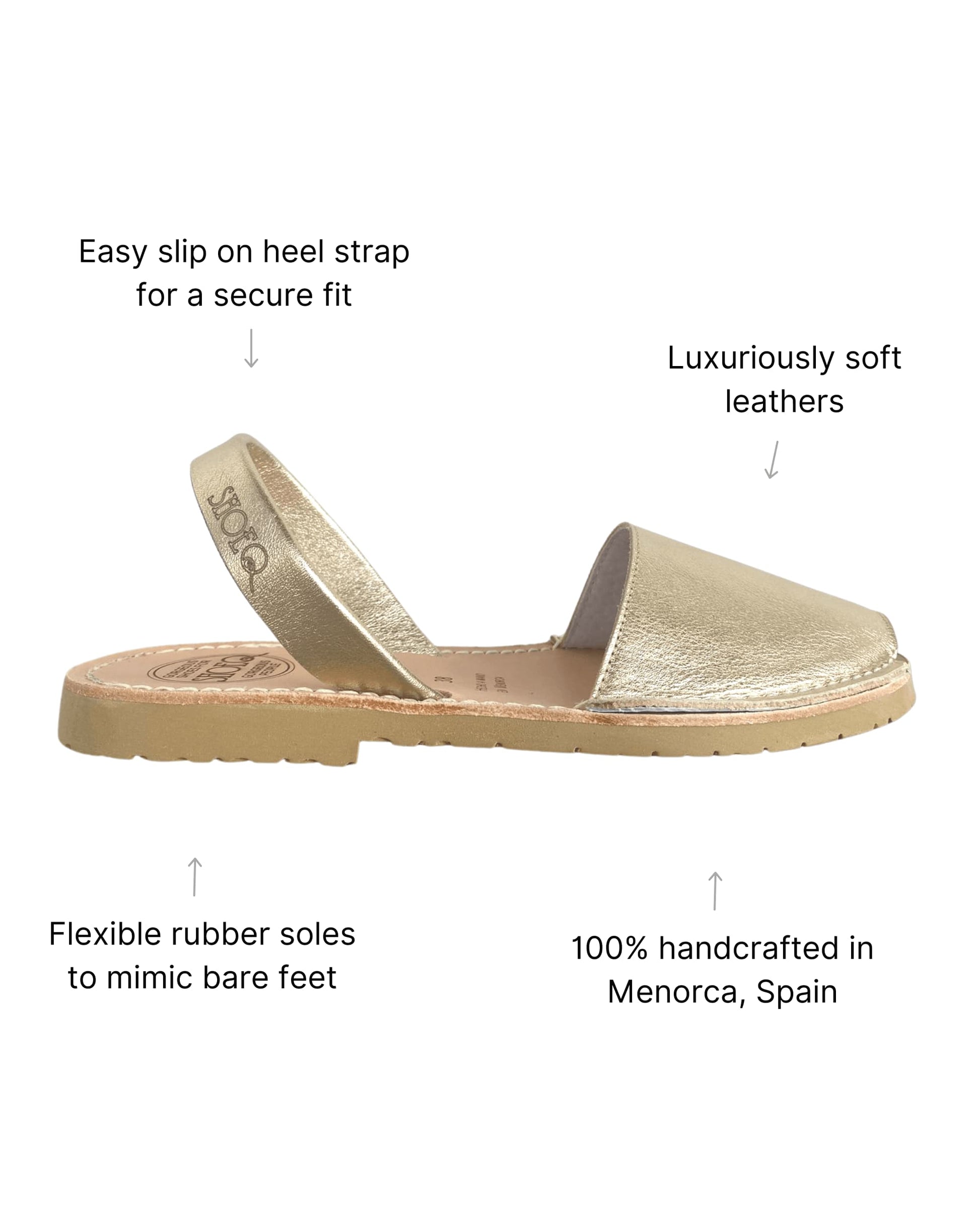 Handcrafted Spanish Avarca sandals in champagne metallic showing backstrap detail
