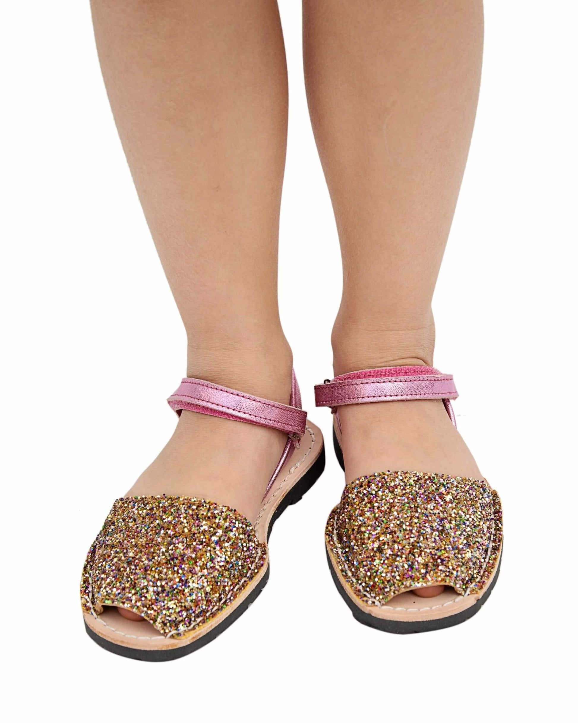 Girls sandals rainbow pink glitter Spanish leather
