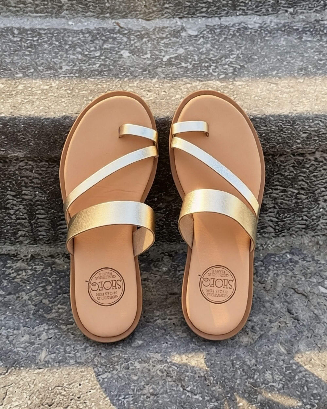 Athena Luxe Champagne metallic leather slide three-strap toe loop memory foam innersole handcrafted Crete - Shoeq