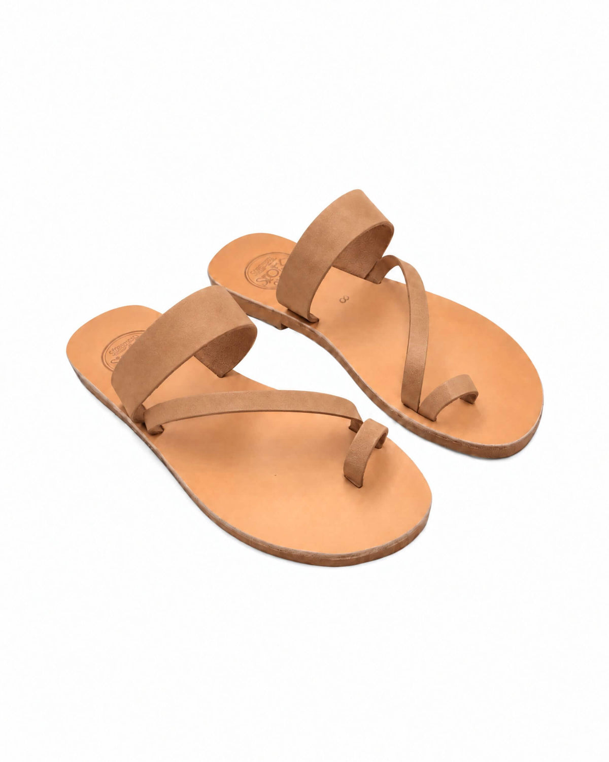 Caramel tan Greek leather slide sandals top view, showing a three-strap design | Athena Slide by Shoeq