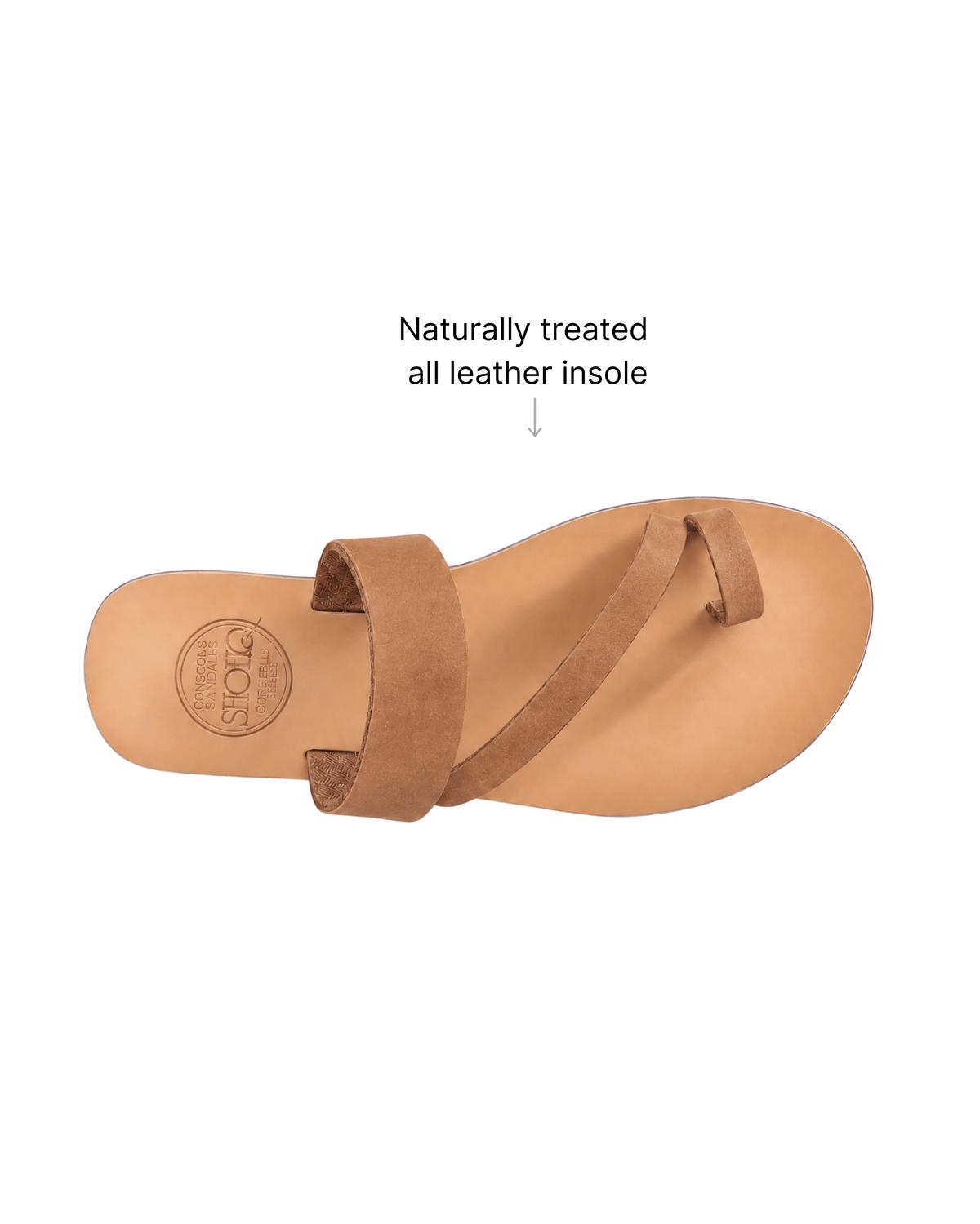 Caramel tan Greek leather slide sandals from above, showing a three-strap design | Athena Slide by Shoeq