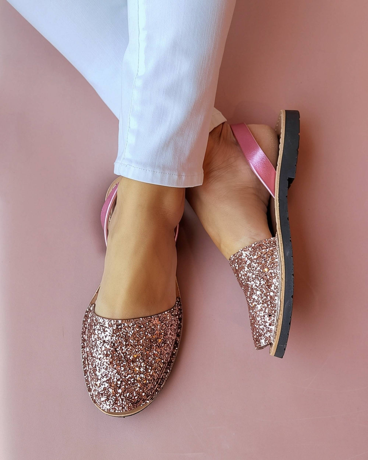 Pink glitter flat sandals in premium leather, handmade in Menorca, Spain | Classic Avarca by Shoeq
