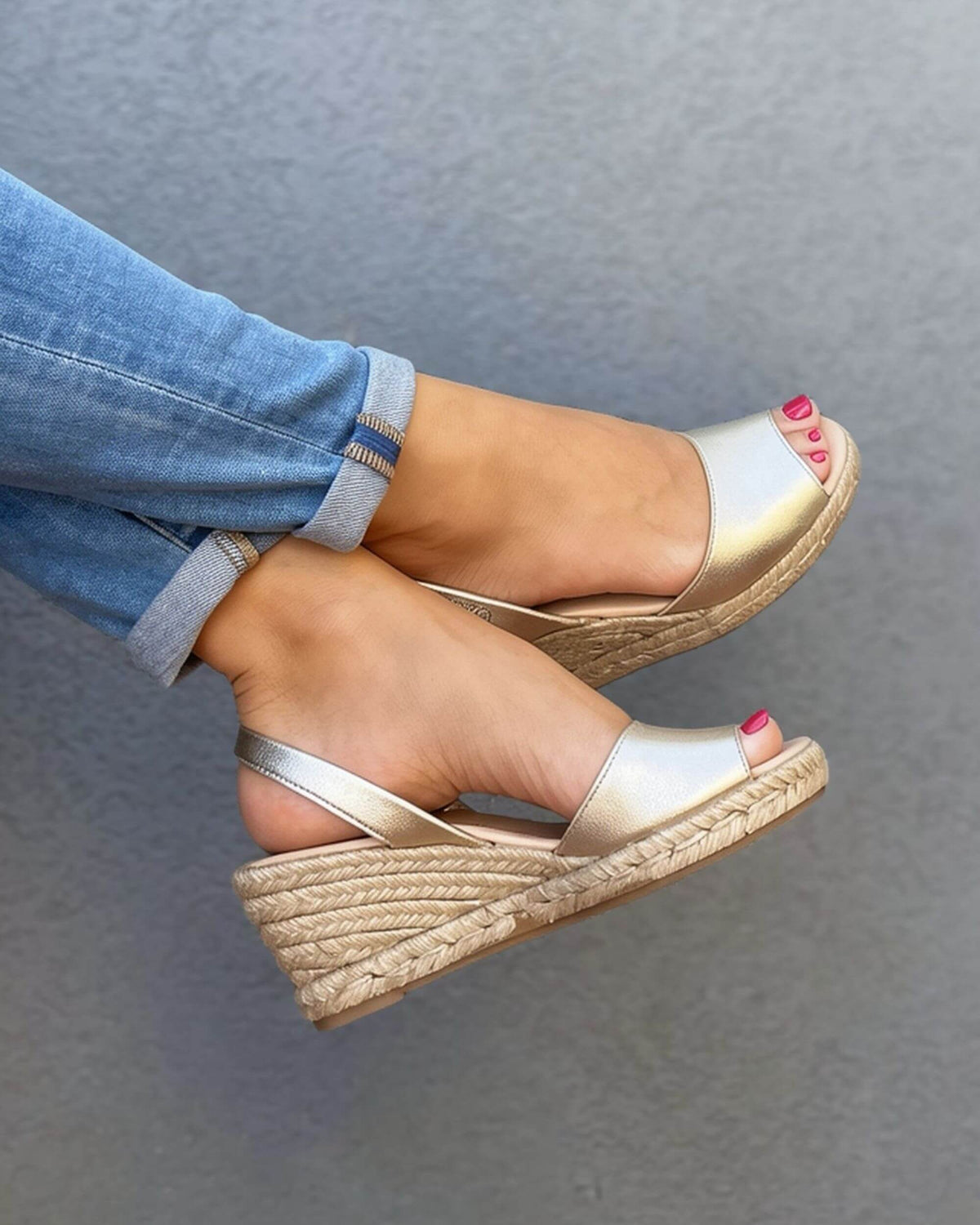 Champagne espadrille wedge heels featuring a peep toe | Classic Espadrille Wedge by Shoeq