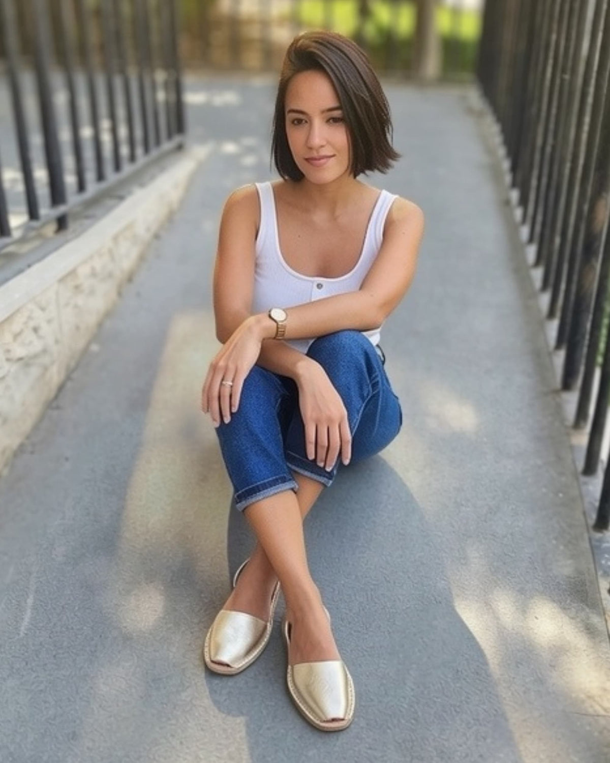 Gold flat sandals in premium soft leather, handmade in Menorca, Spain | Classic Avarca by Shoeq UAE