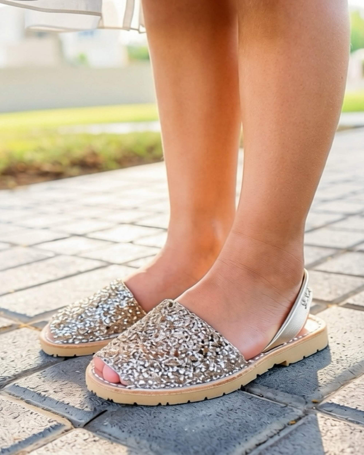 Gold glitter kids leather sandals side view showing buttery-soft leather uppers | Girls Classic Avarca by Shoeq