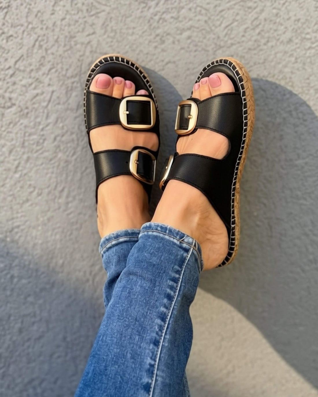 Urban Espadrille Slide in Charcoal — black leather double buckle espadrilles worn with jeans | Shoeq