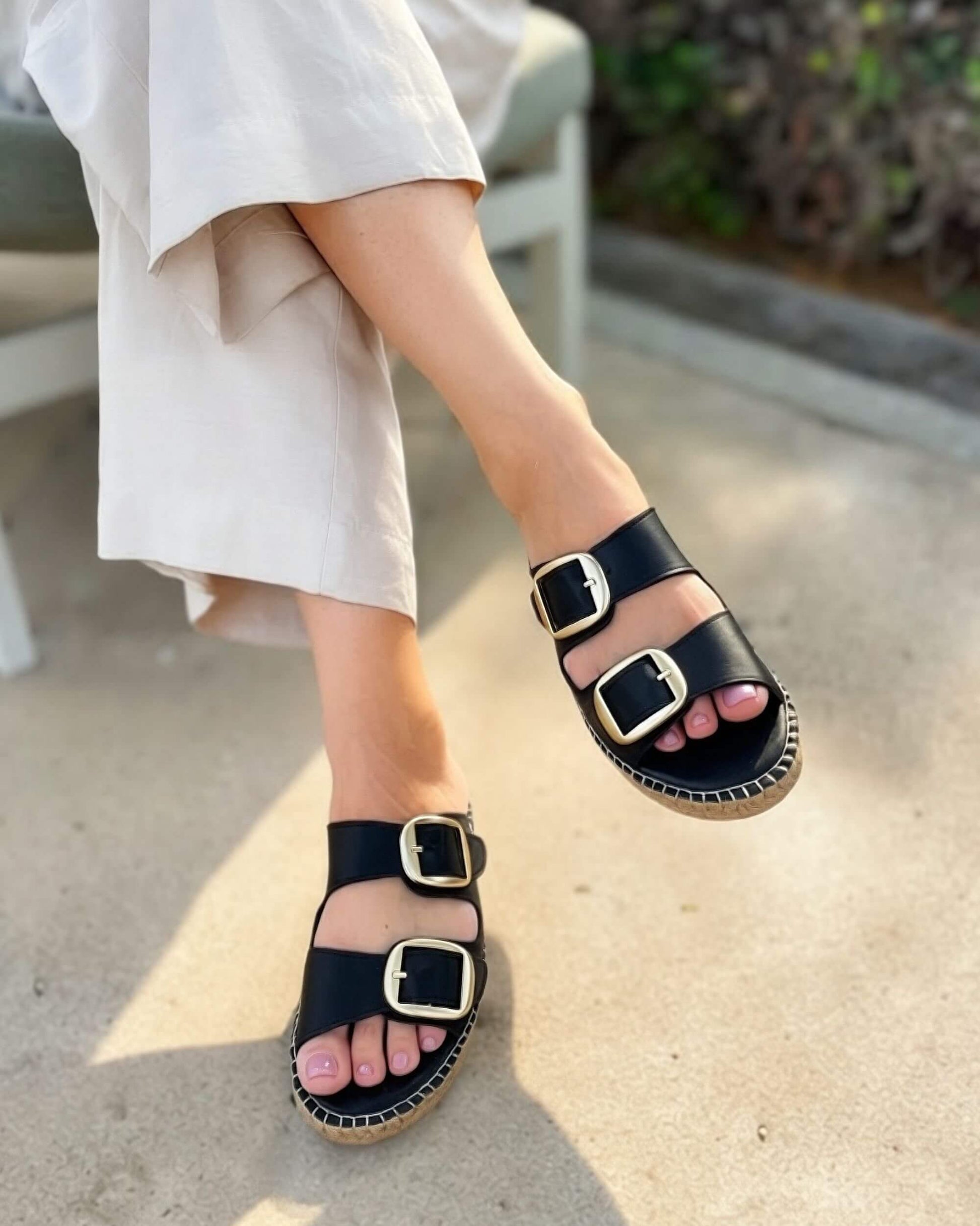 Charcoal leather espadrille slides with double gold buckle straps and jute rope espadrille sole | Urban Espadrille Slide by Shoeq