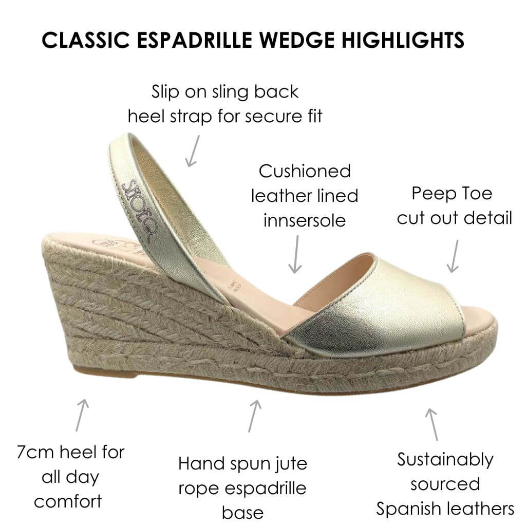 Classic Espadrille Wedge with 7cm jute heel and leather innersole