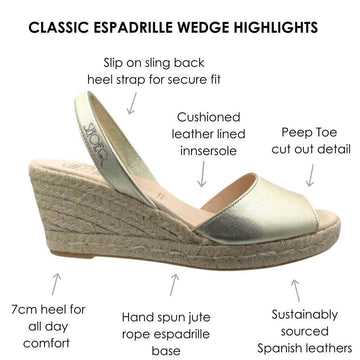Classic Espadrille Wedge with 7cm jute heel and leather innersole
