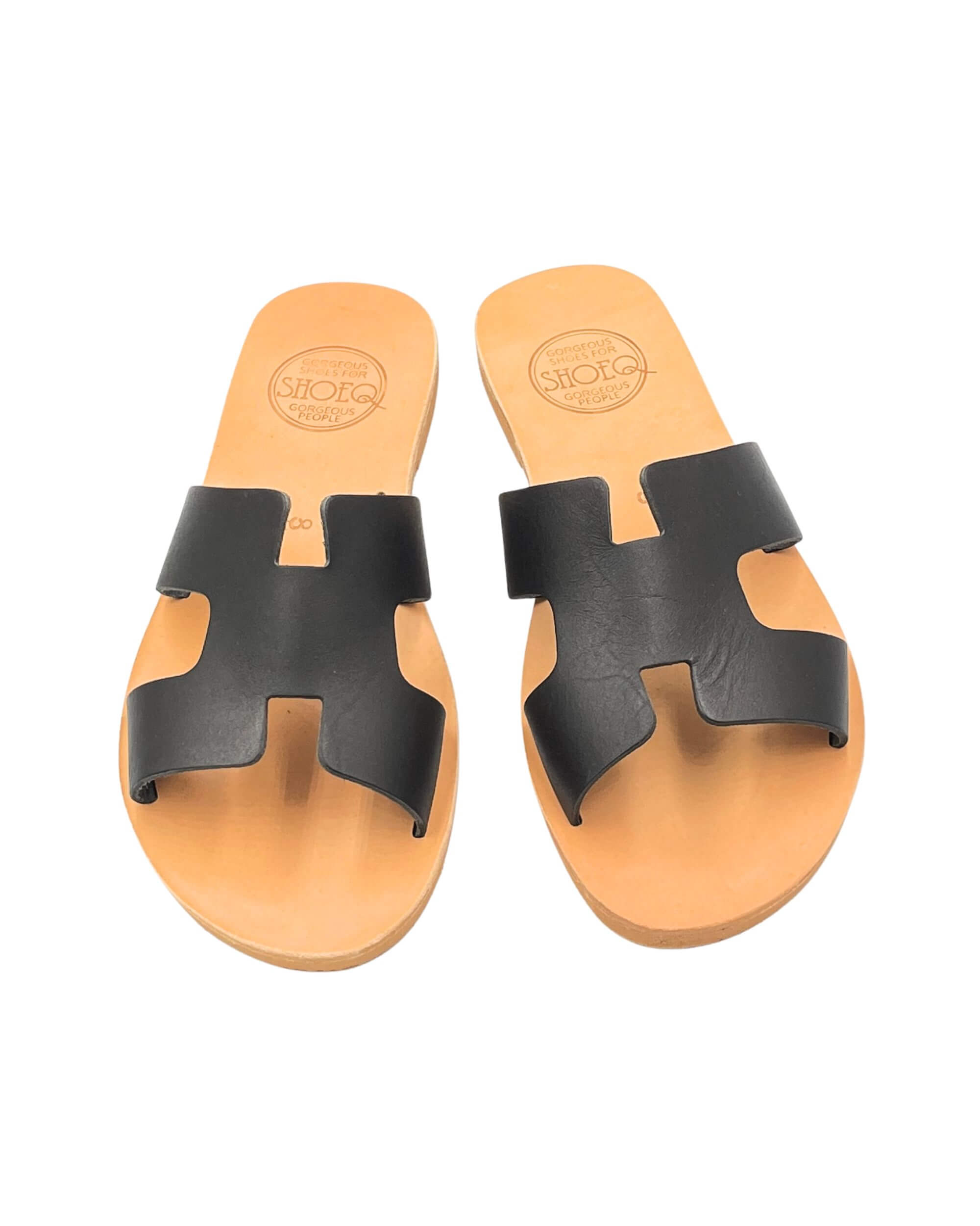 Women flat slides black H-strap open heel versatile

