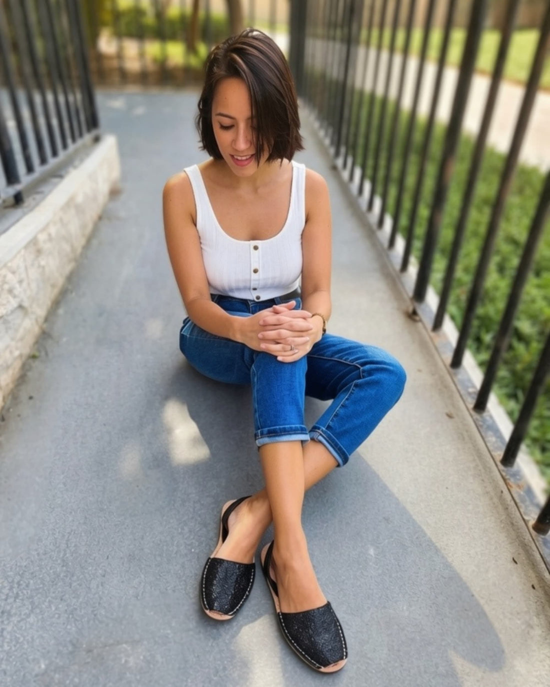 Black glitter flat sandals in premium leather, handmade in Menorca, Spain | Classic Avarca by Shoeq