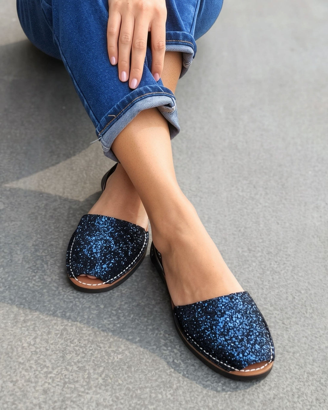 Navy glitter flat leather sandals — handcrafted Menorcan avarca with slip-on heel strap | Classic Avarca by Shoeq