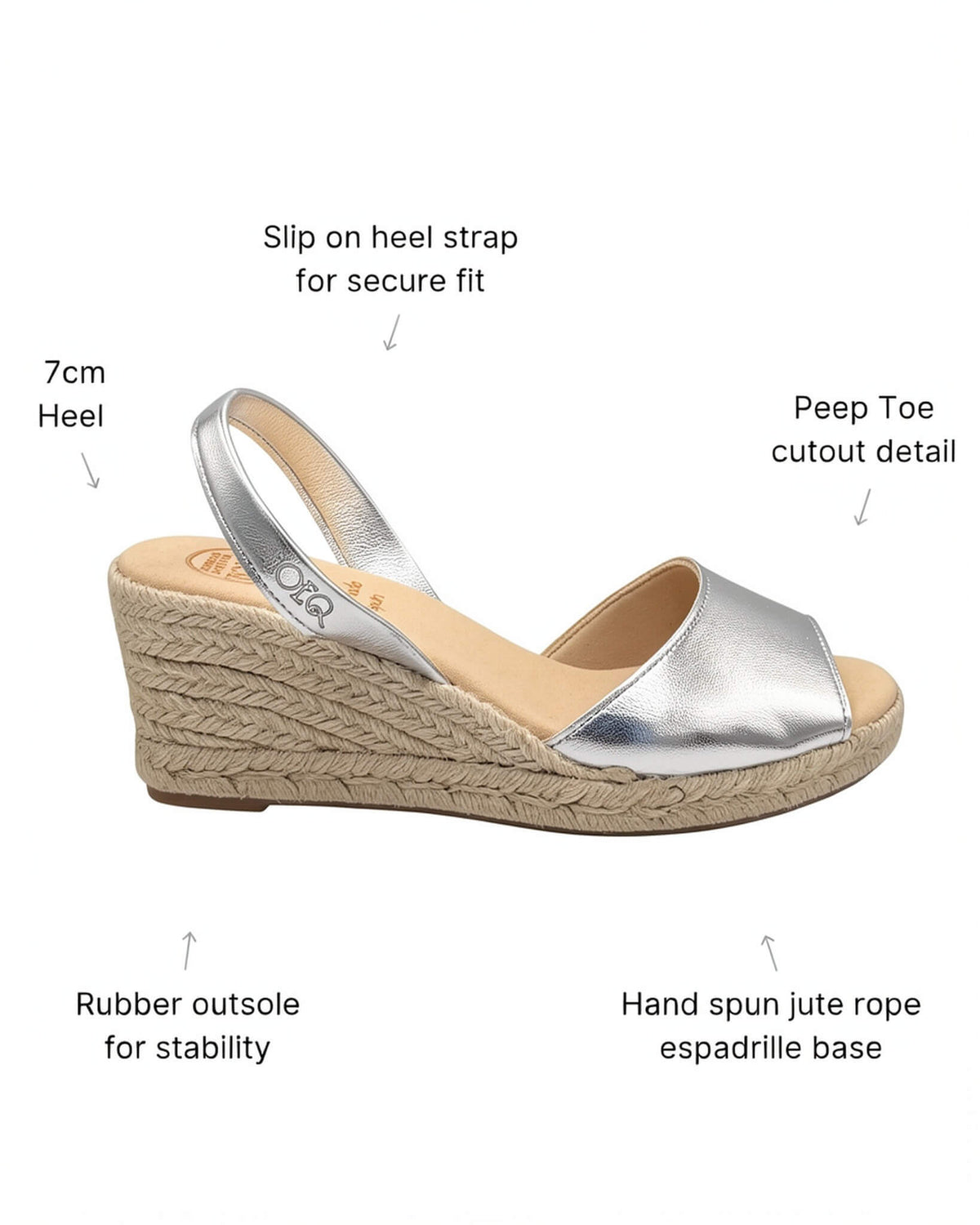 Silver espadrille wedge sandals, handcrafted in Spain with a jute rope wedge heel | Classic Espadrille Wedge by Shoeq