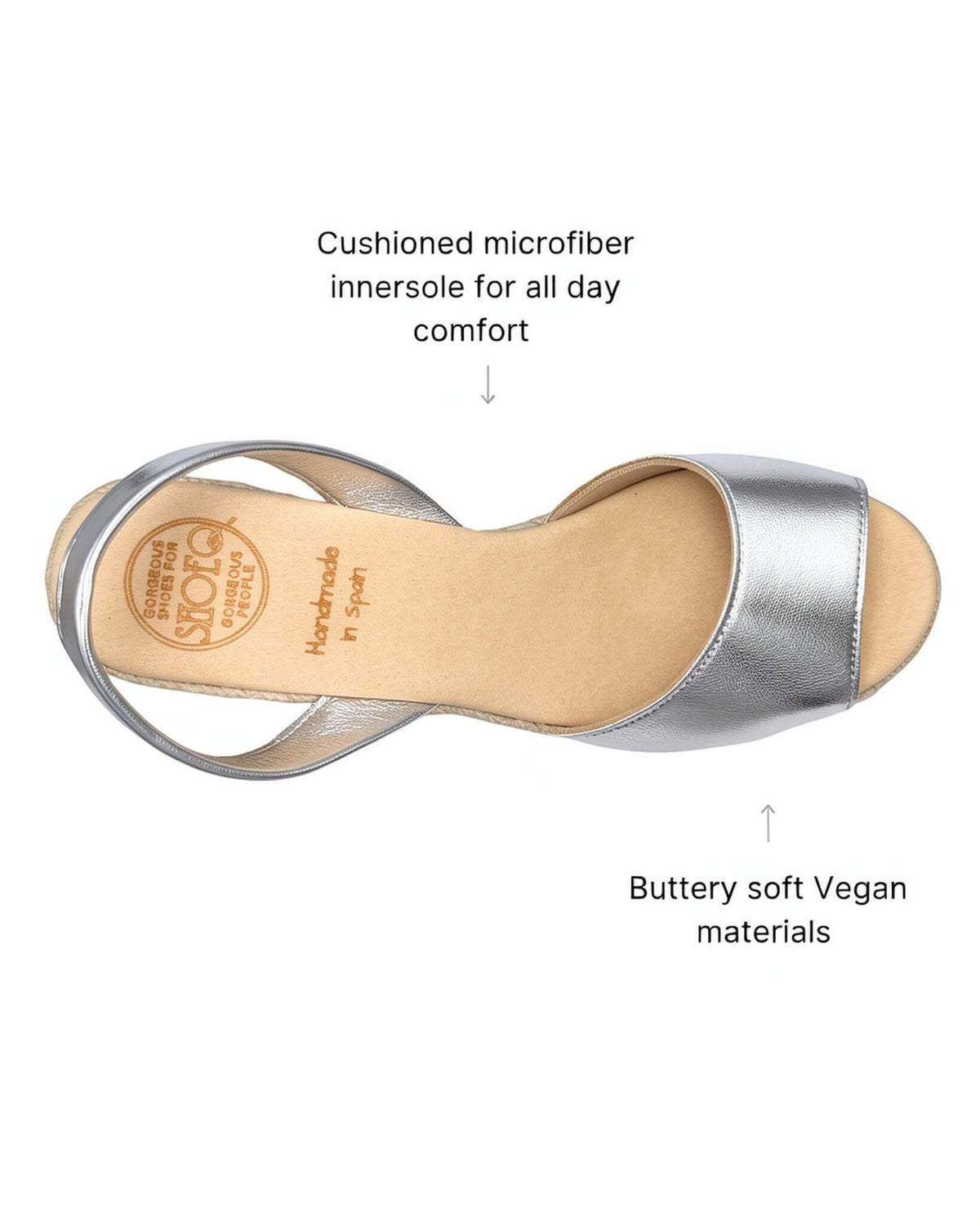 Silver metallic wedge heels — cruelty-free vegan uppers on a 7cm espadrille wedge | Classic Espadrille Wedge by Shoeq