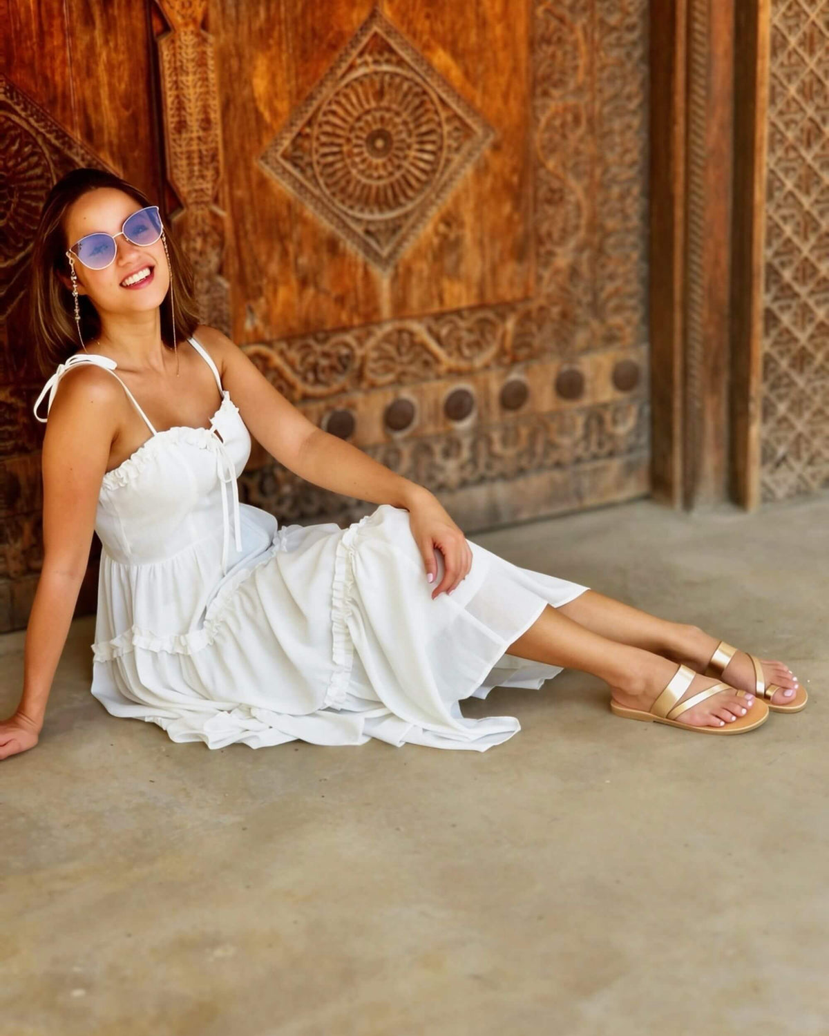 Rose gold Greek leather slide sandals side view, showing a flat leather innersole | Athena Slide by Shoeq