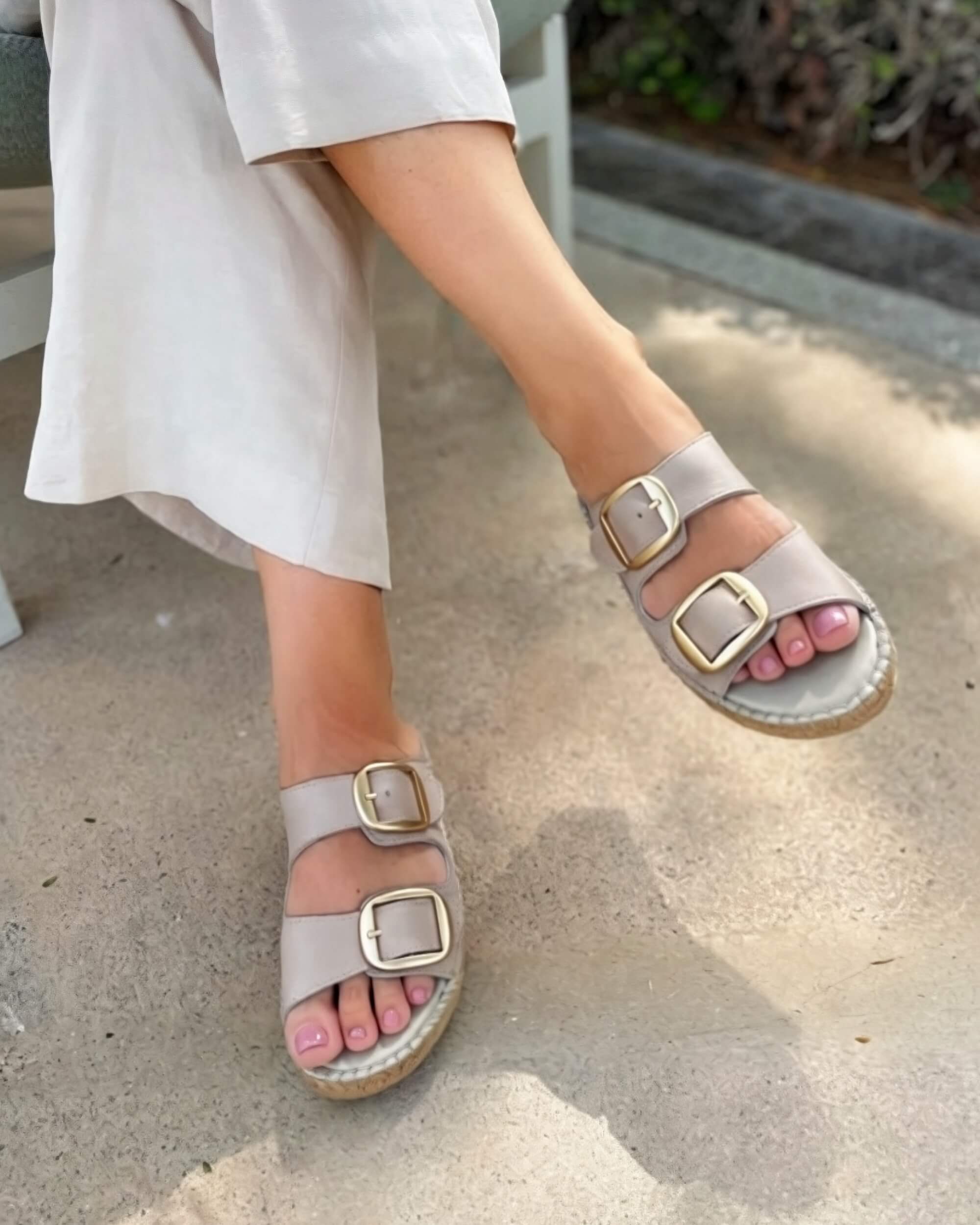Beige leather espadrille sandals worn with two gold buckle straps and jute rope sole | Urban Espadrille Slide by Shoeq