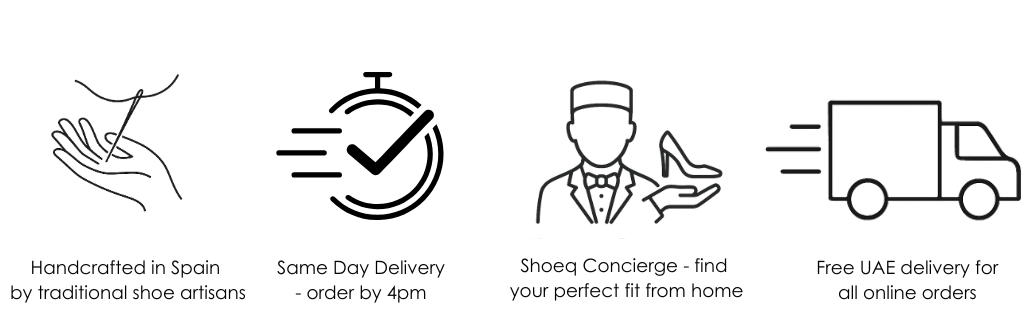 Shoeq service icons – handcrafted in Spain, free UAE delivery, Shoeq Concierge, and same-day delivery by 4pm