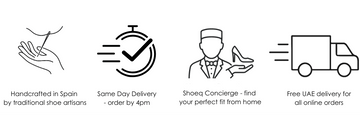Shoeq service icons – handcrafted in Spain, free UAE delivery, Shoeq Concierge, and same-day delivery by 4pm