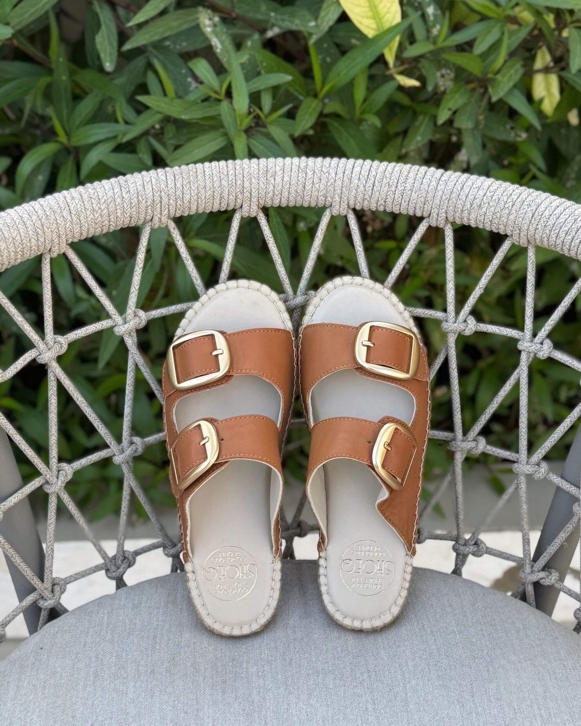 Urban Espadrille Slide Tan leather double adjustable buckle straps hand-sewn jute rope sole handmade - Shoeq