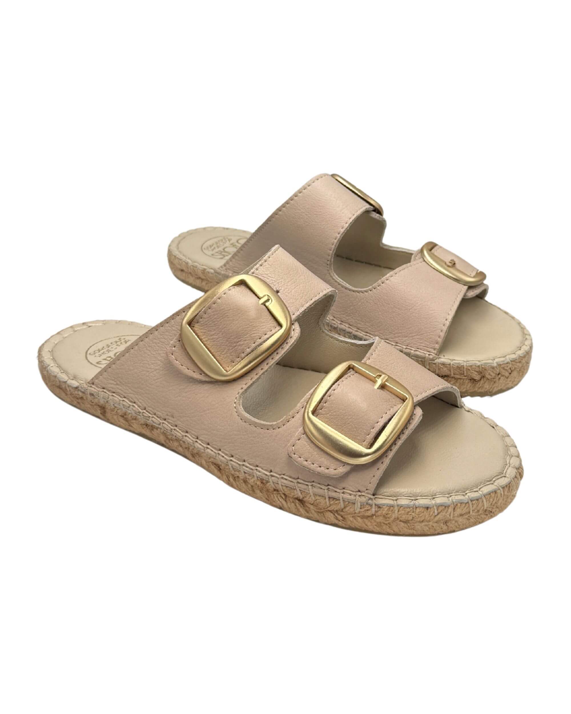 Leather-lined memory foam innersole and double gold buckle straps — handmade beige leather espadrille slide | Shoeq