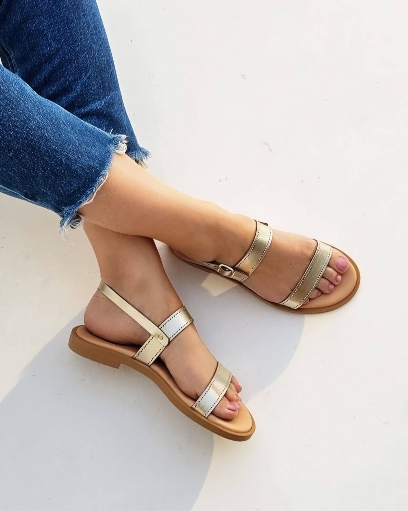 Gold leather flat sandals Aria LUXE handcrafted Greece memory foam ankle strap open toe - Shoeq