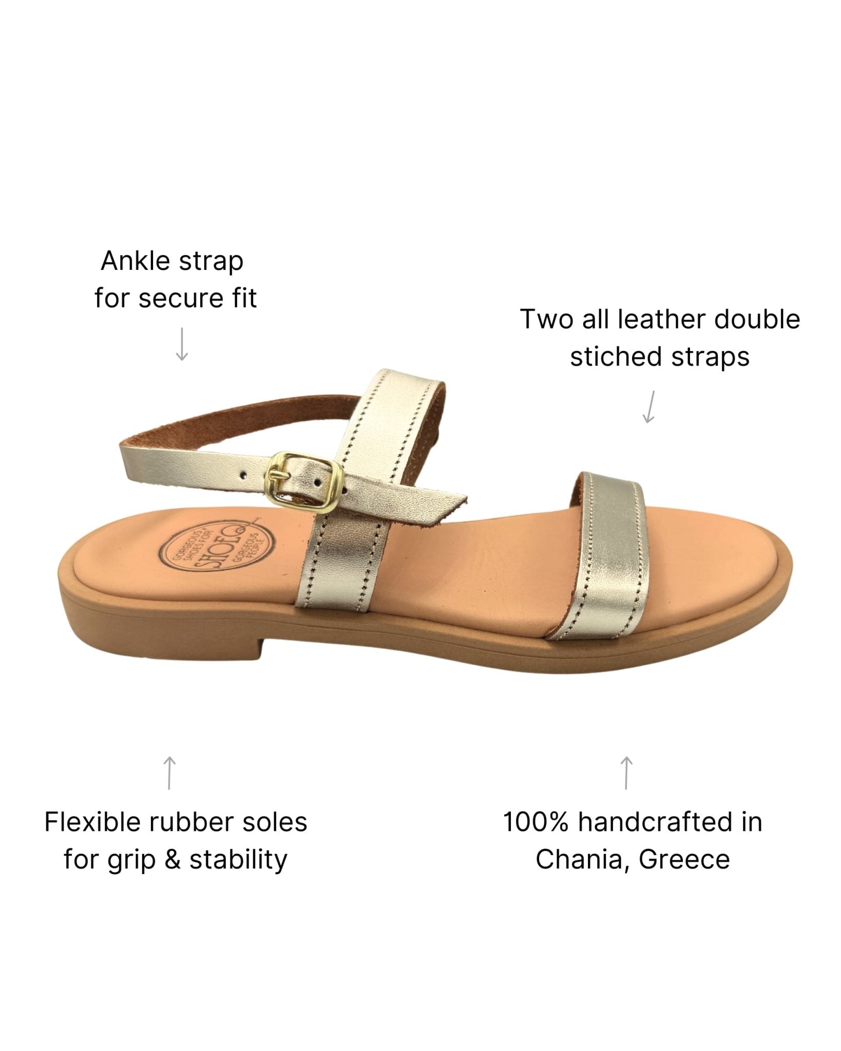 Gold Aria LUXE leather sandals champagne metallic ankle strap cushioned innersole Greece - Shoeq