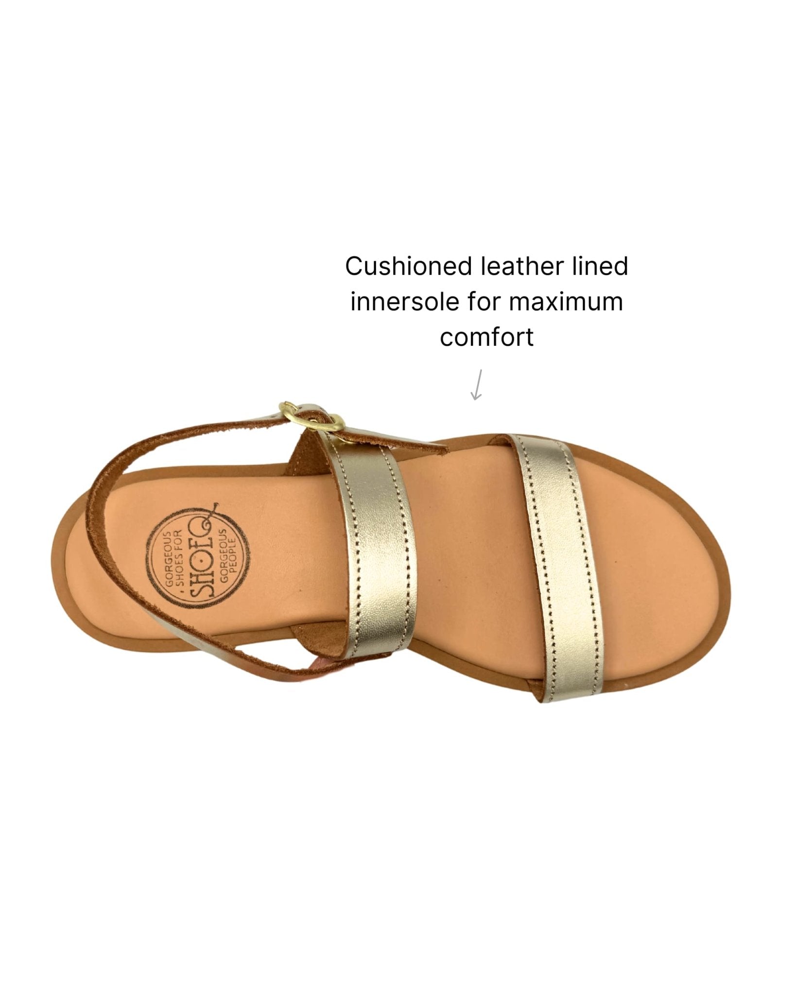 Gold leather flat sandals Aria LUXE adjustable ankle strap open toe cushioned support - Shoeq