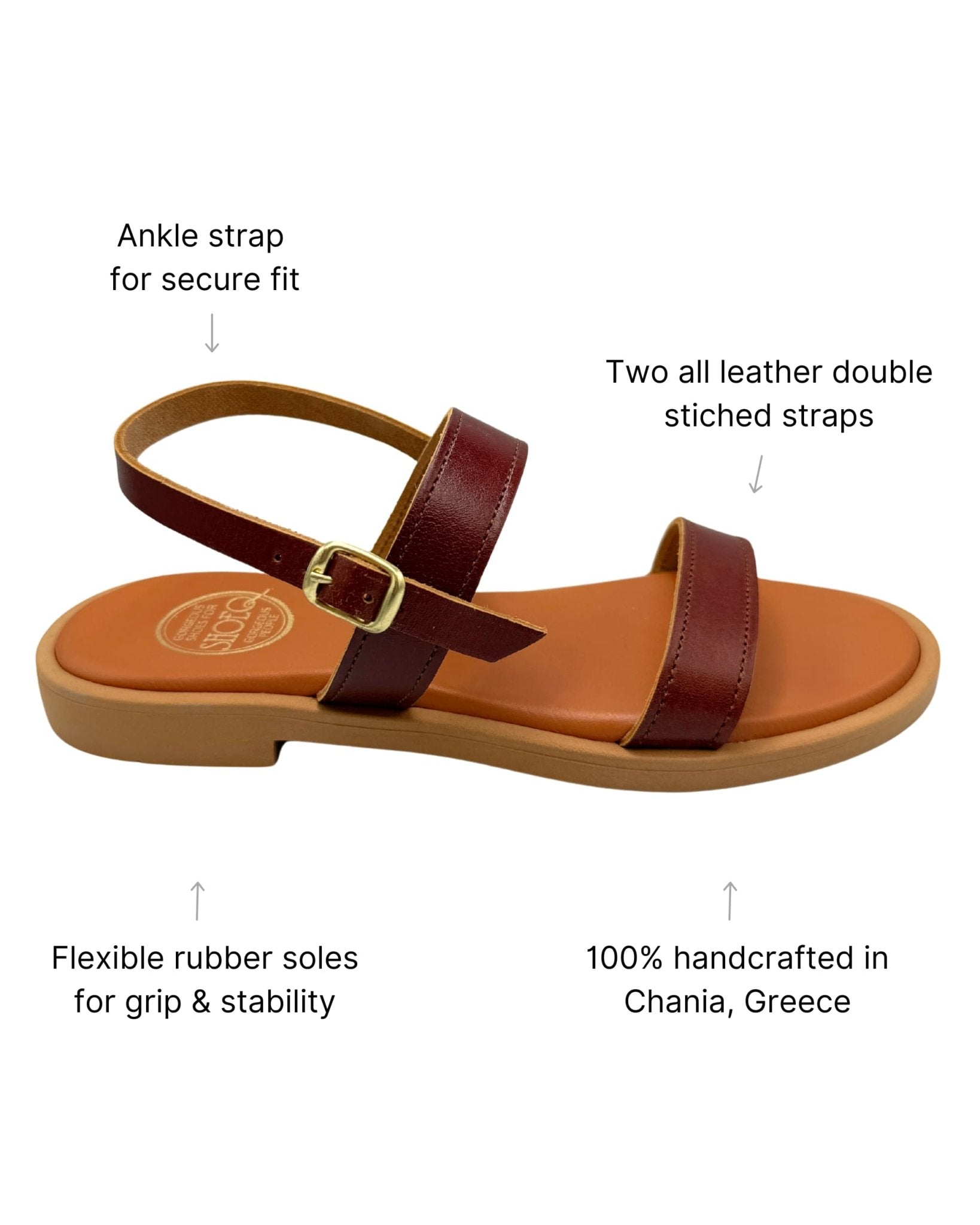 Brown Aria LUXE leather sandals dark tan ankle strap cushioned innersole Greece - Shoeq