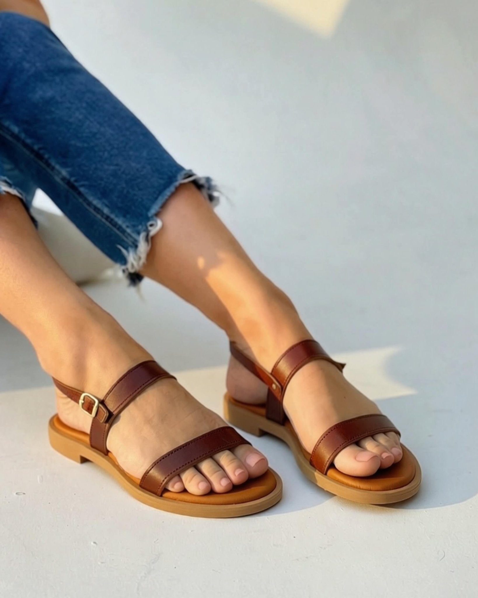 Brown leather sandals Aria LUXE dark tan adjustable ankle strap cushioned comfort women - Shoeq