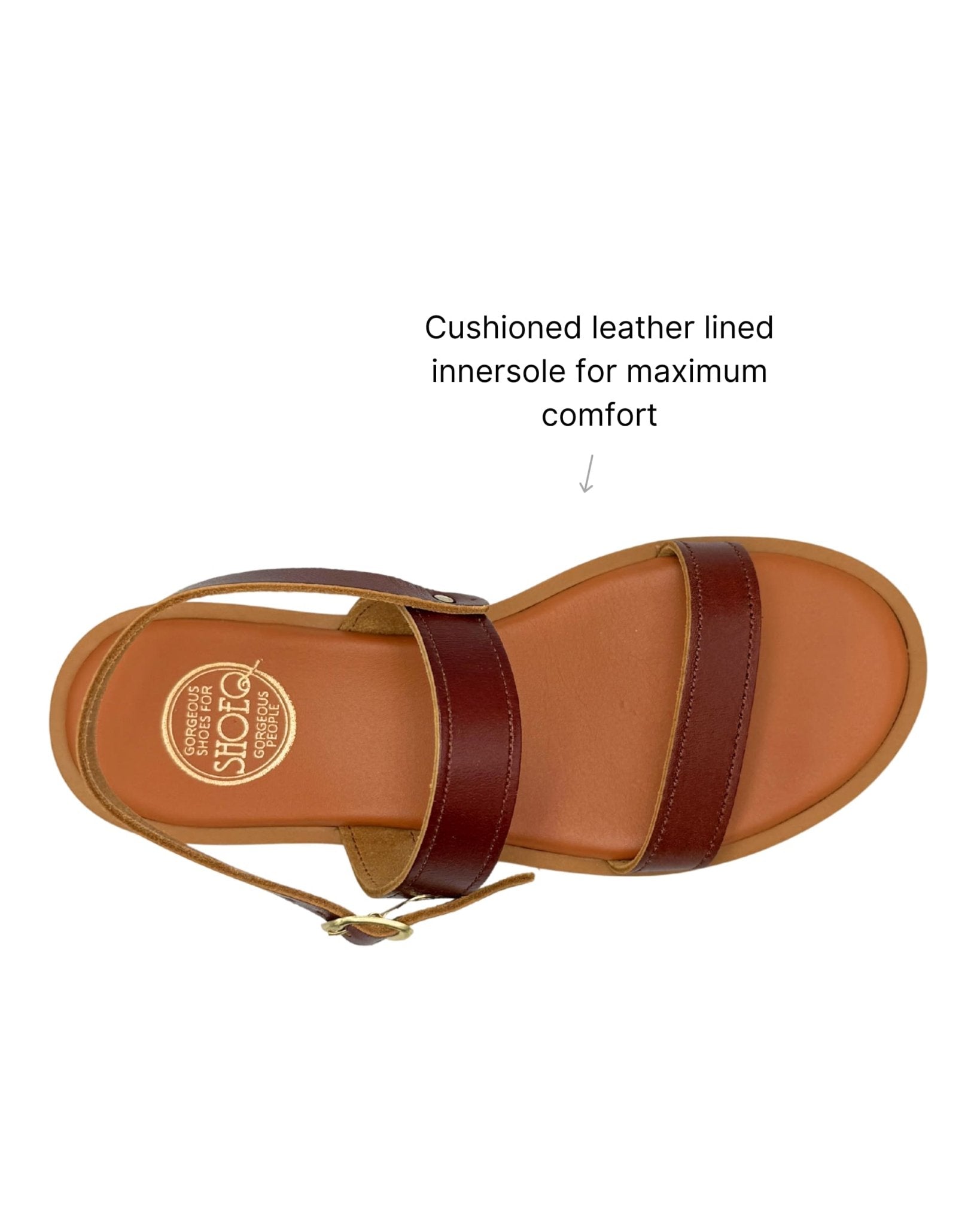 Brown leather flat sandals Aria LUXE adjustable ankle strap open toe cushioned support - Shoeq