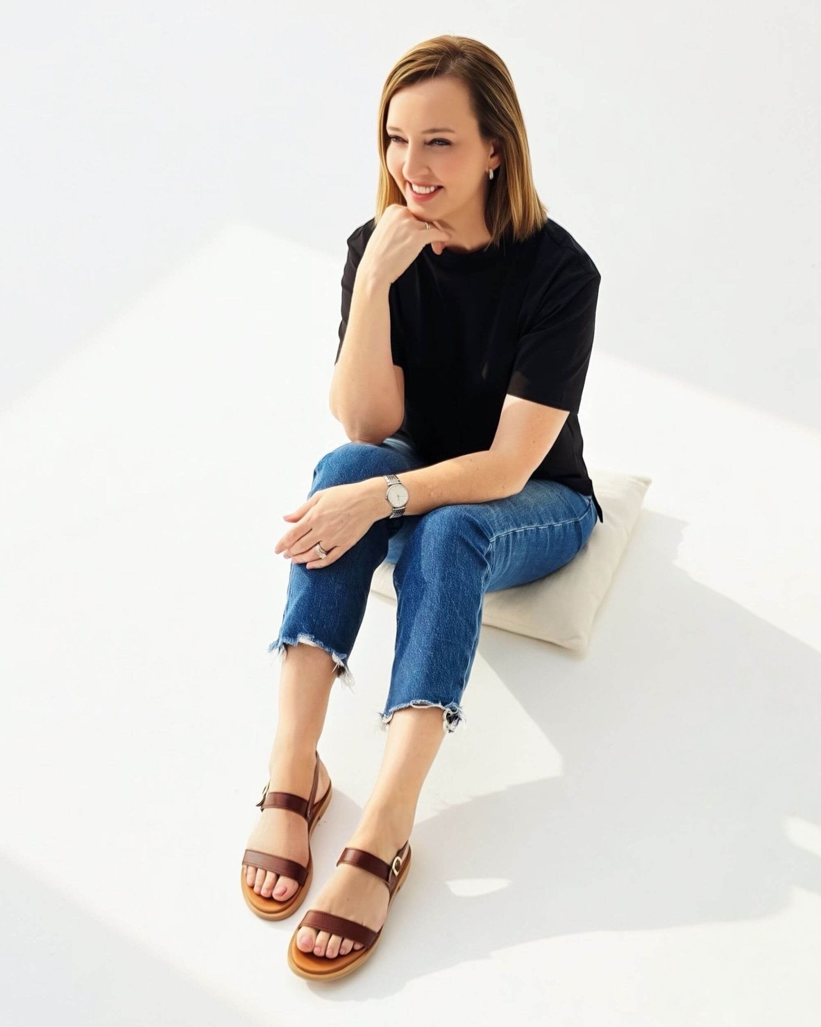 Brown Aria LUXE leather flat sandals dark tan adjustable ankle strap leather-lined memory foam innersole - Shoeq