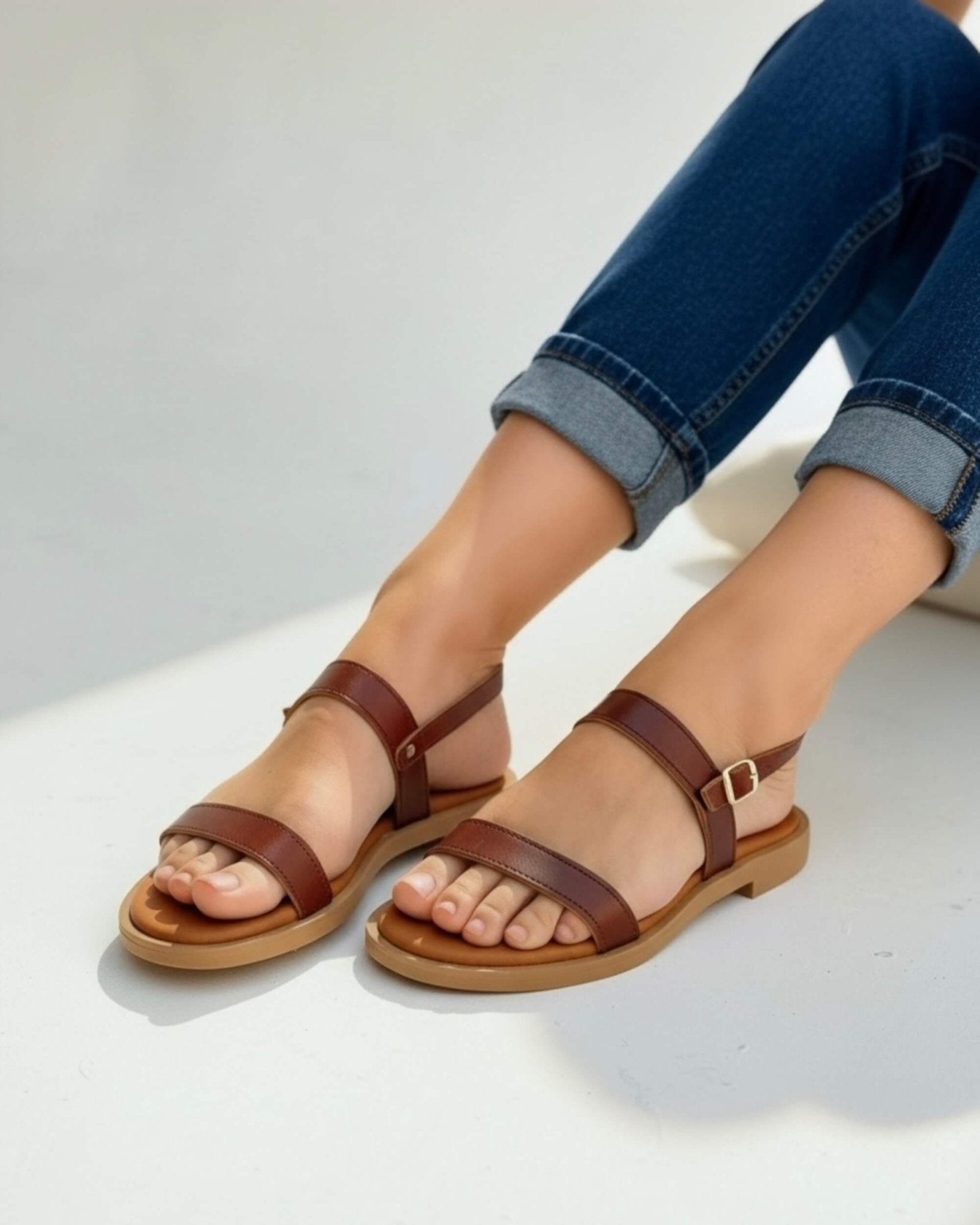 Brown Aria LUXE dark tan leather sandals lightweight rubber sole all-day support - Shoeq