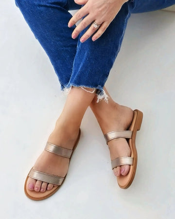 Aria LUXE Bronze leather slide slip-on open toe double-stitched strap luxury - Shoeq