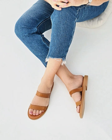 Aria LUXE Slide Tan leather cushioned innersole handcrafted Greece slip-on - Shoeq