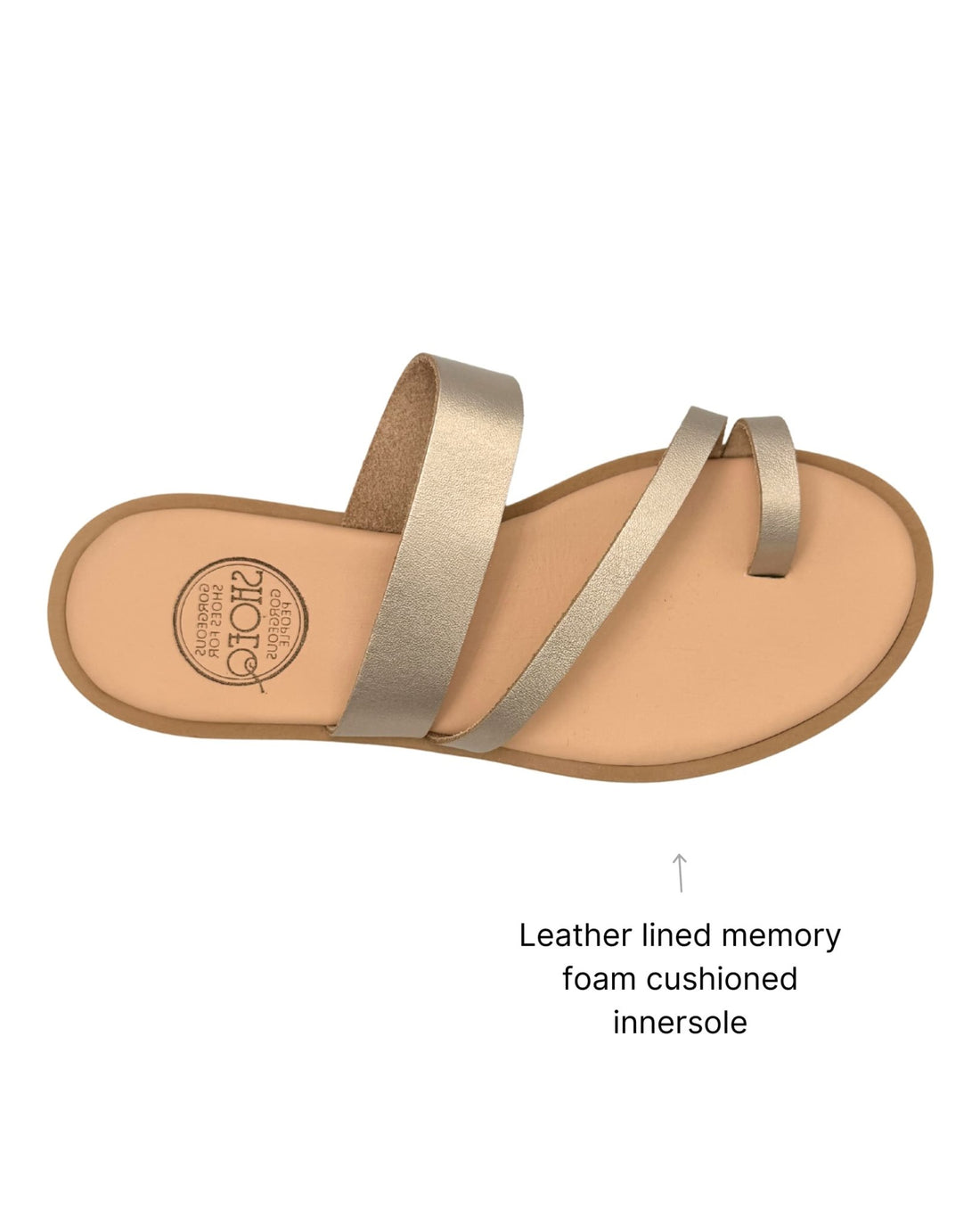 Athena Luxe bronze metallic leather slides with memory foam innersole, handcrafted in Crete Greece, three-strap toe loop design — Shoeq
