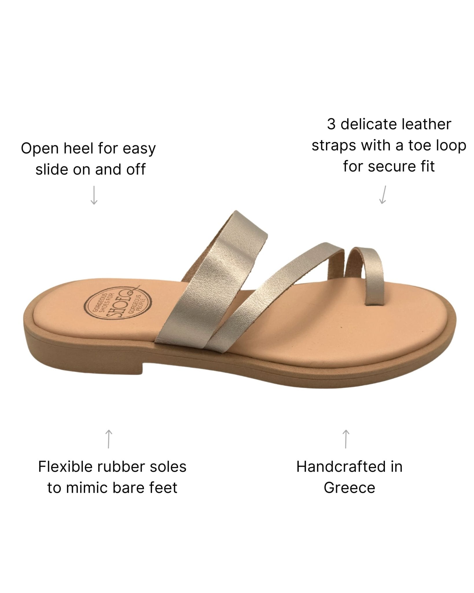 Athena Luxe bronze leather slide side view showing three-strap design and flexible rubber sole, handcrafted in Crete — Shoeq