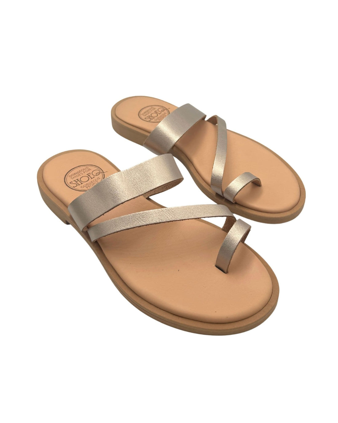 Athena Luxe bronze metallic leather slides with memory foam innersole, handcrafted in Crete Greece, three-strap toe loop design — Shoeq