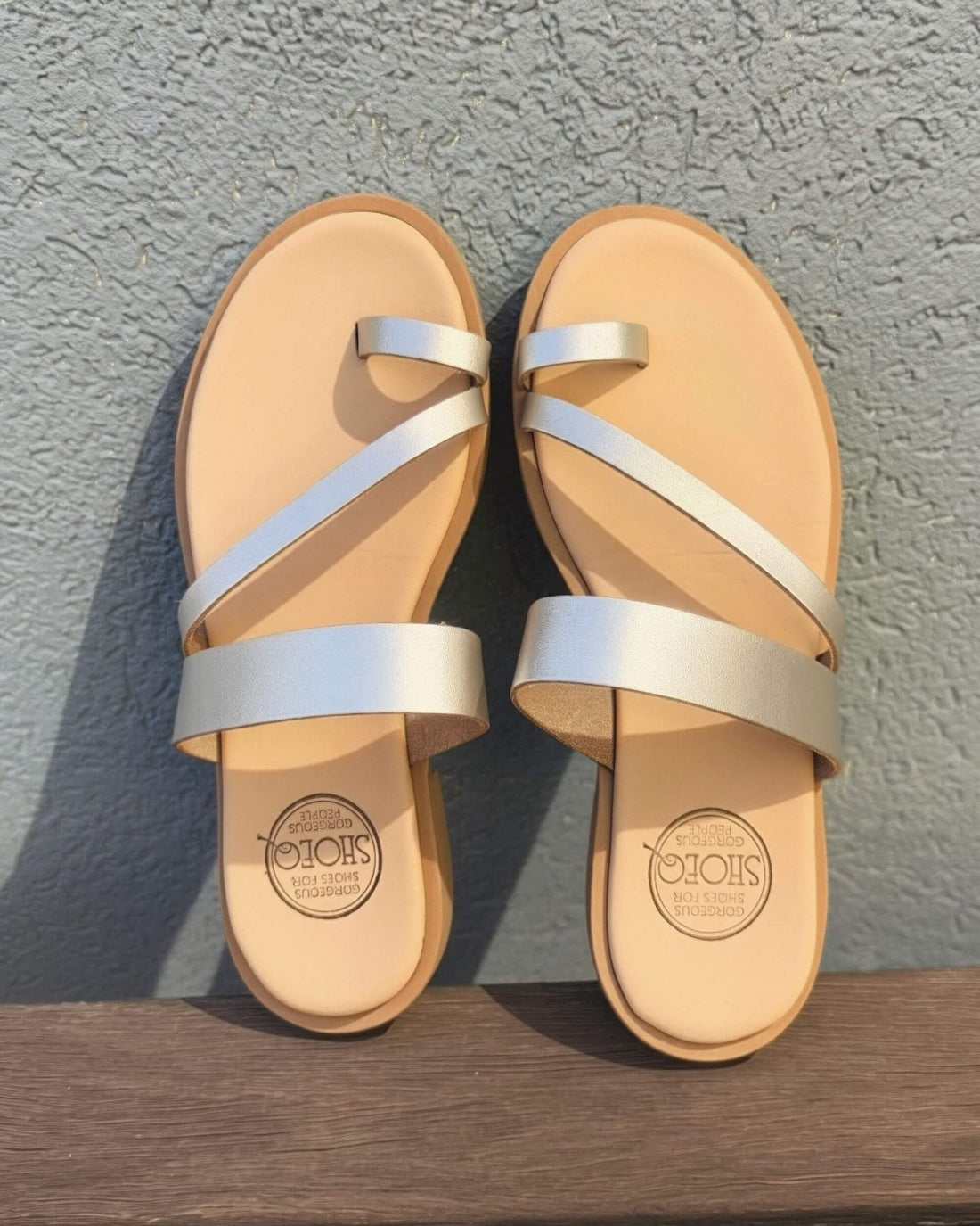 Athena Luxe Bronze metallic leather slide three-strap toe loop memory foam innersole handcrafted Crete - Shoeq