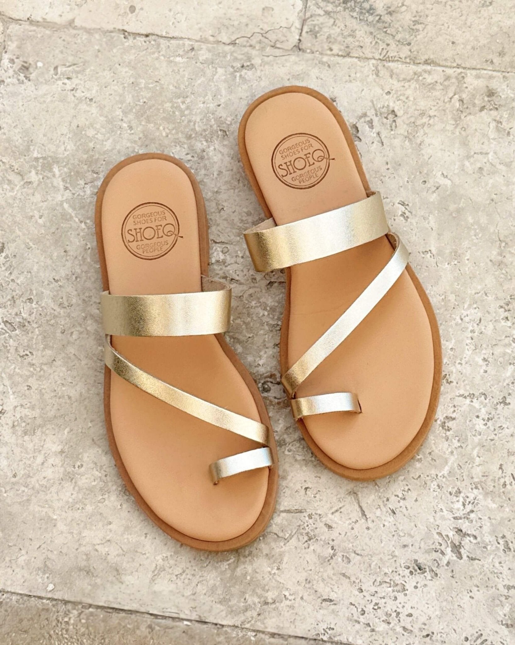 Athena Luxe Champagne metallic leather slide memory foam innersole handcrafted Crete Greece - Shoeq