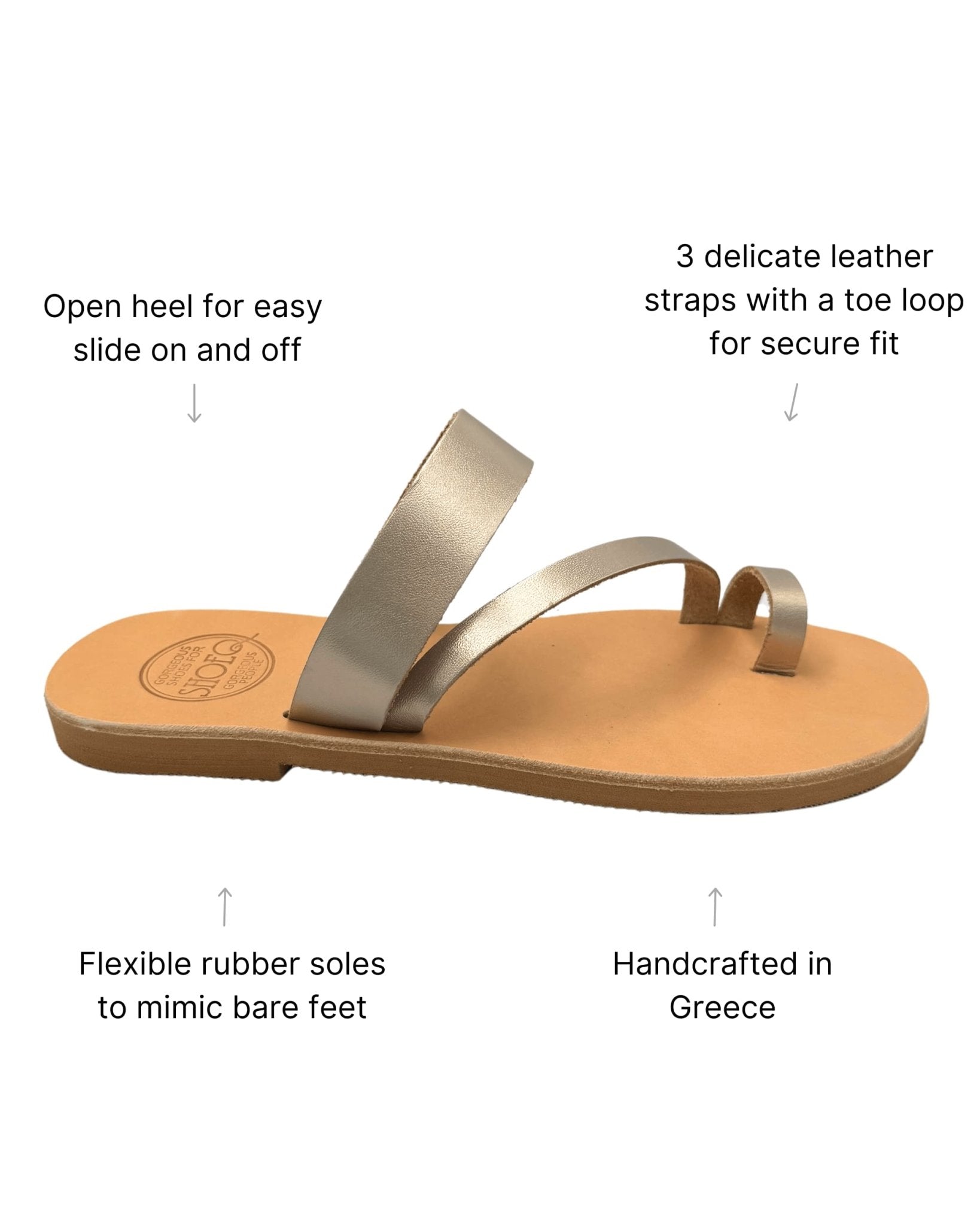 Greek artisan bronze metallic slides three strap toe loop
