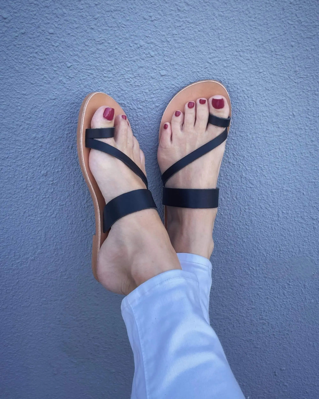 Black leather slides women Greek handmade three strap charcoal